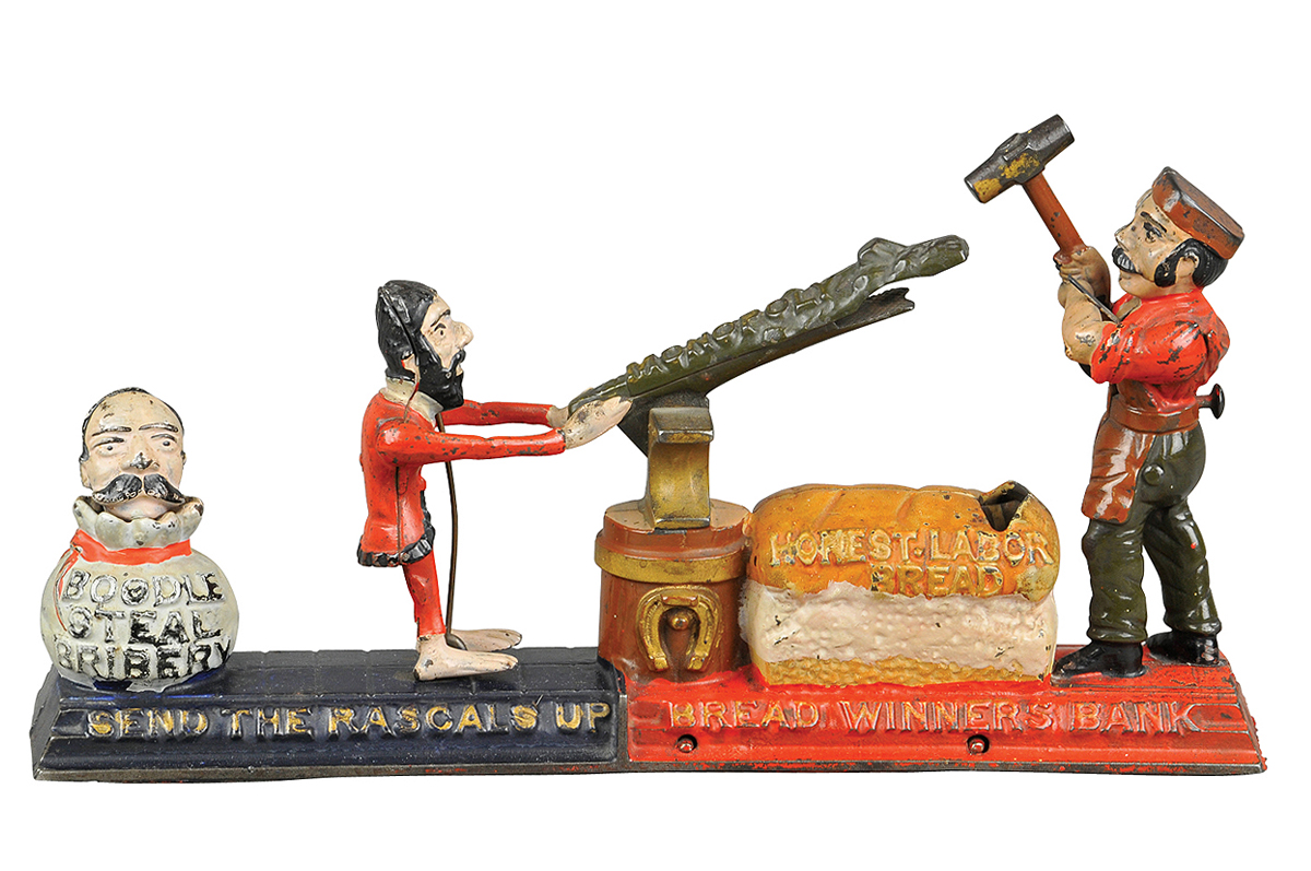 J. & E. Stevens Bread Winners cast-iron mechanical bank, circa 1886, near-mint condition. Provenance: Ferdinand Weider collection. Est. $60,000-$75,000. Bertoia Auctions image