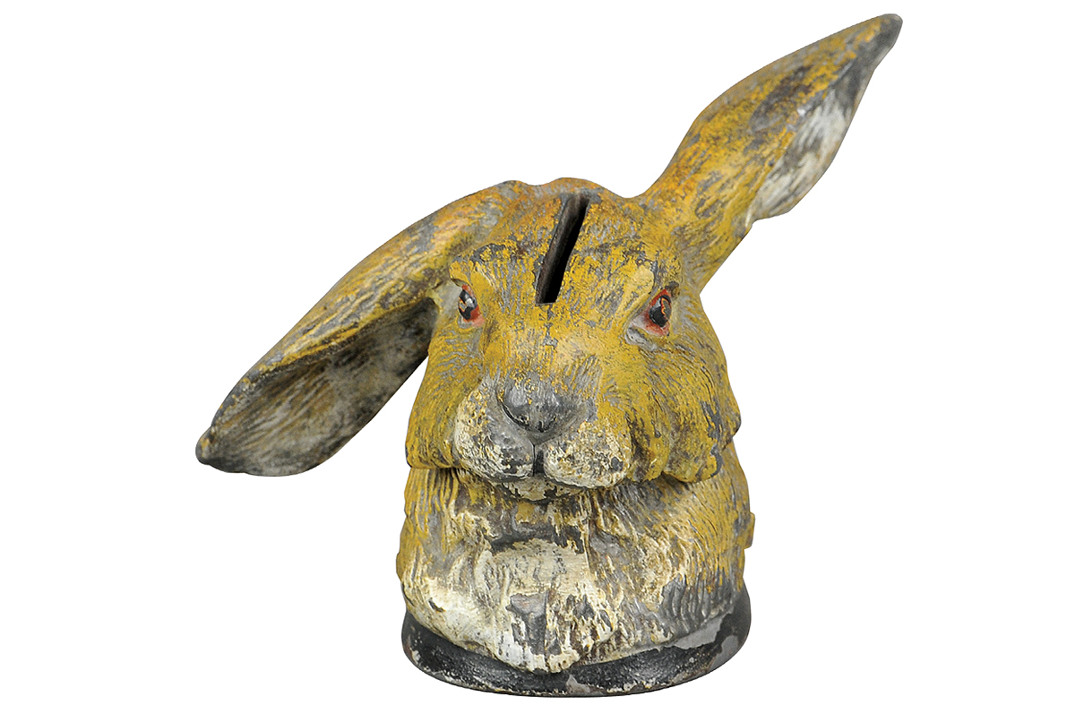 Heyde Rabbit Head spelter still bank, circa 1900-1910, excellent condition, est. $800-$1,200. Bertoia Auctions image