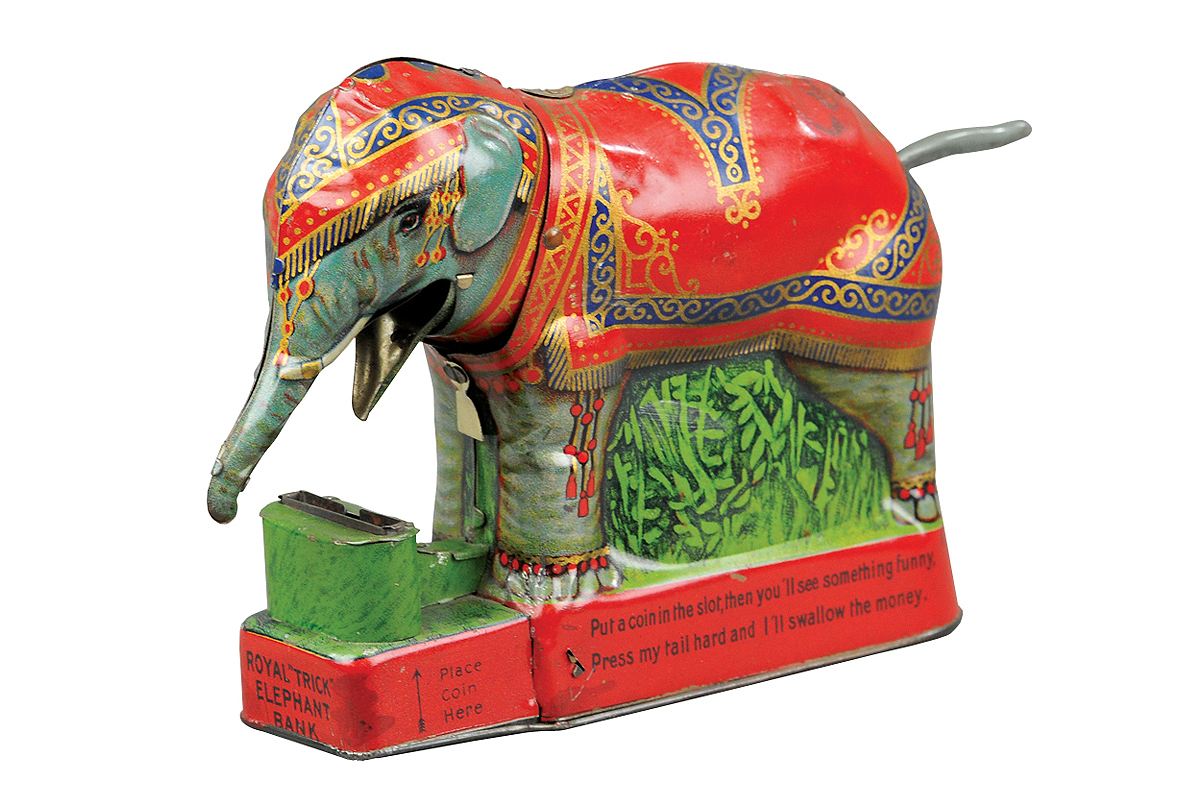 Royal Trick Elephant lithographed tin mechanical bank, circa 1918, pristine condition. Provenance: Edwin Mosler collection. Est. $2,000-$3,000. Bertoia Auctions image
