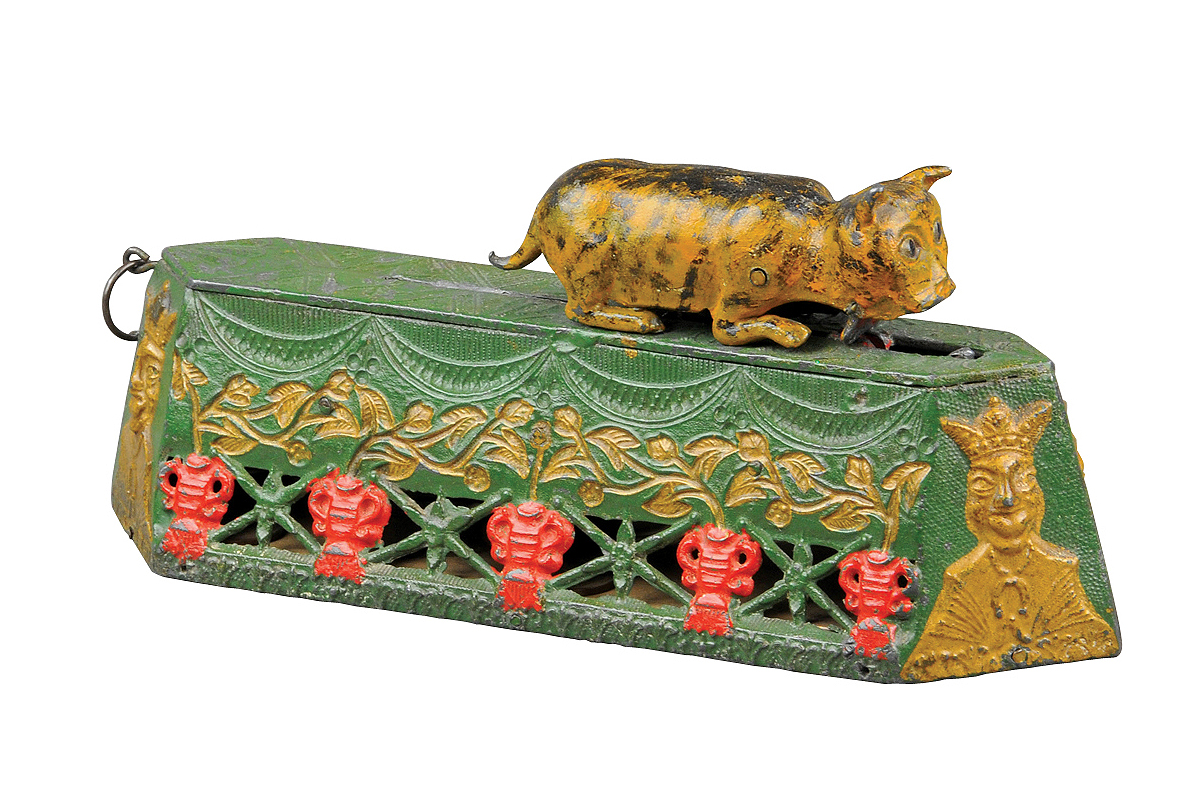 Springing Cat lead and wood mechanical bank, designed by Charles Bailey, patented 1882, near-mint condition. Provenance: F.H. Griffith collection. Est. $22,000-$30,000. Bertoia Auctions image