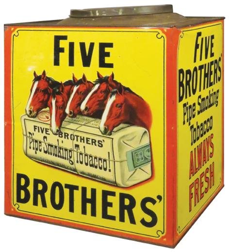 Five Brothers store tobacco tin, extremely rare and in excellent original condition. Showtime Auction Services image