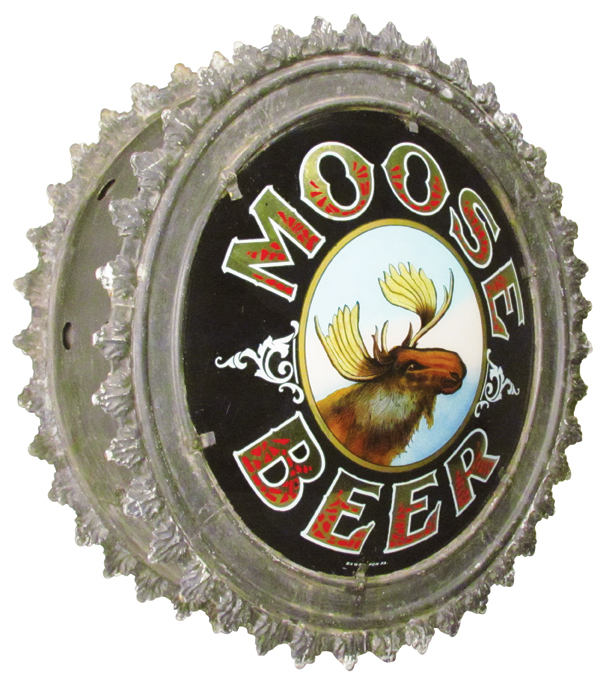 Rare two-sided canister reverse glass Moose Beer sign in excellent condition, circa 1880. Showtime Auction Services image