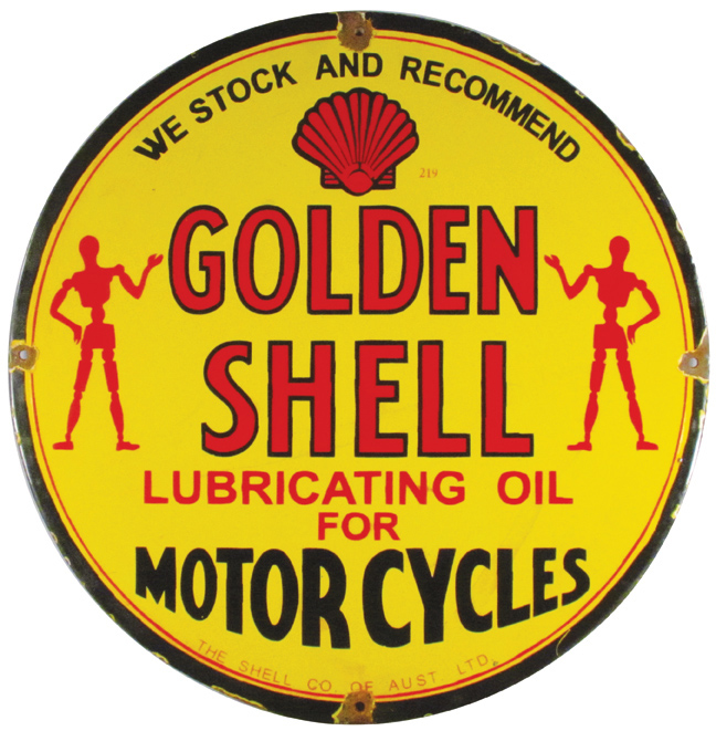 Rare porcelain Shell Oil sign for motorcycles, about 20 inches in diameter. Showtime Auction Services image
