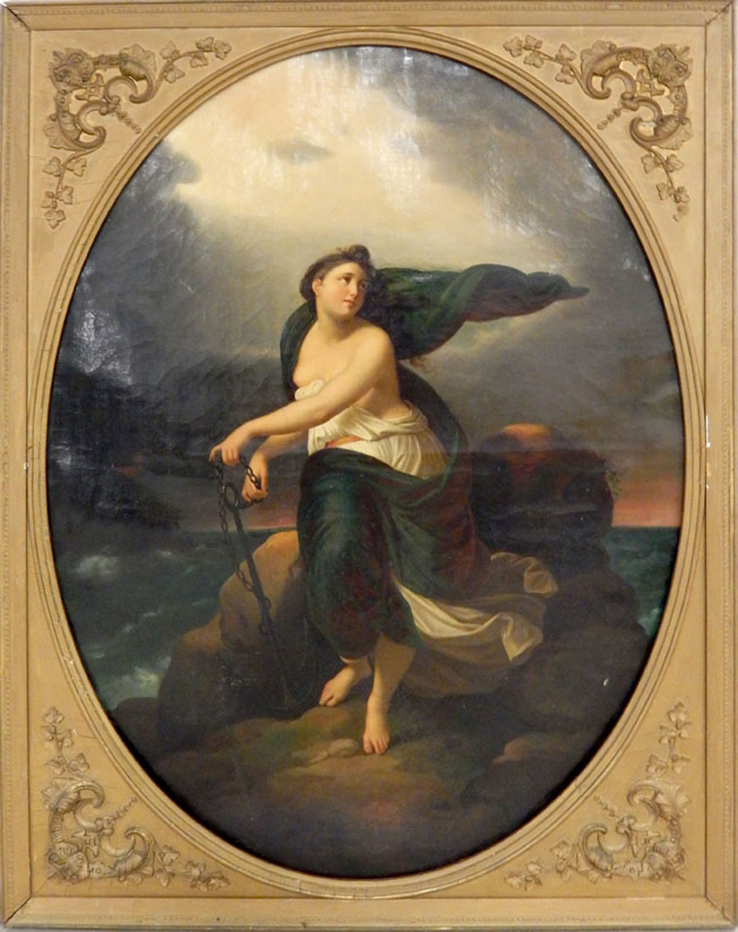 18th-century Continental school allegorical oil-on-canvas of Hope and Anchor, 56¾ x 39 inches sight / 58 x 43½ inches framed. Stephenson’s Auctioneers