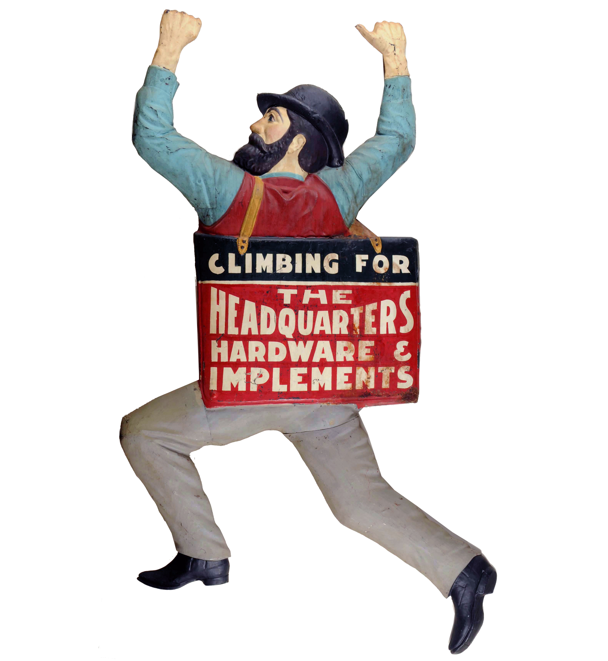 1897 pressed-tin trade sign of ‘climbing man,’ created by Silas West of Haverhill, Mass., one of few known, est. $15,000-$25,000. Morphy Auctions image