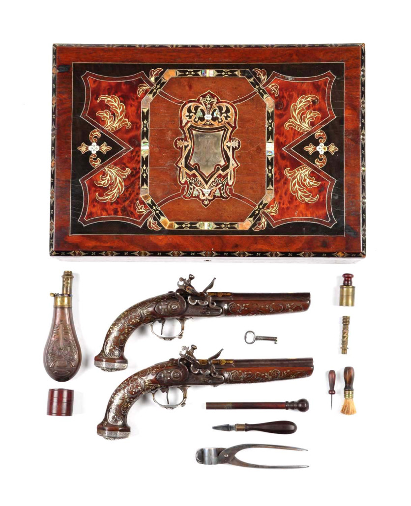 Cased set of silver wire and gold flintlock pistols, 18th century, French, stamped ‘Verney Lyon,’ est. $15,000-$20,000.