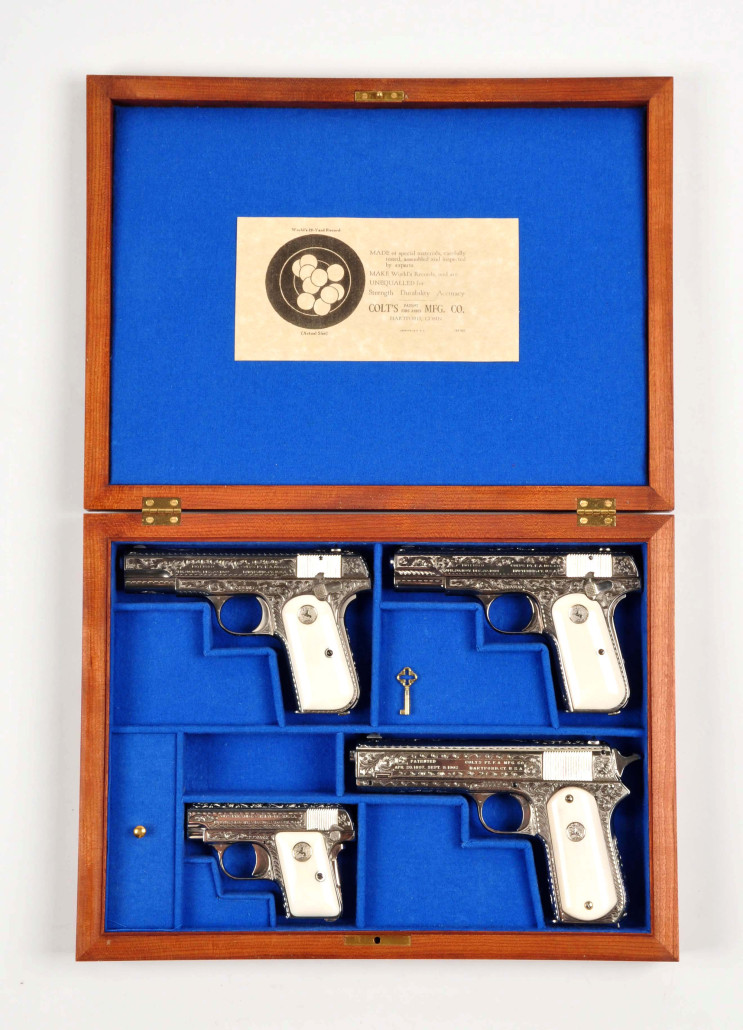 Engraved set of four Colt semi-automatic pistols, each manufactured between 1914 and 1920, est. $8,000-$12,000.