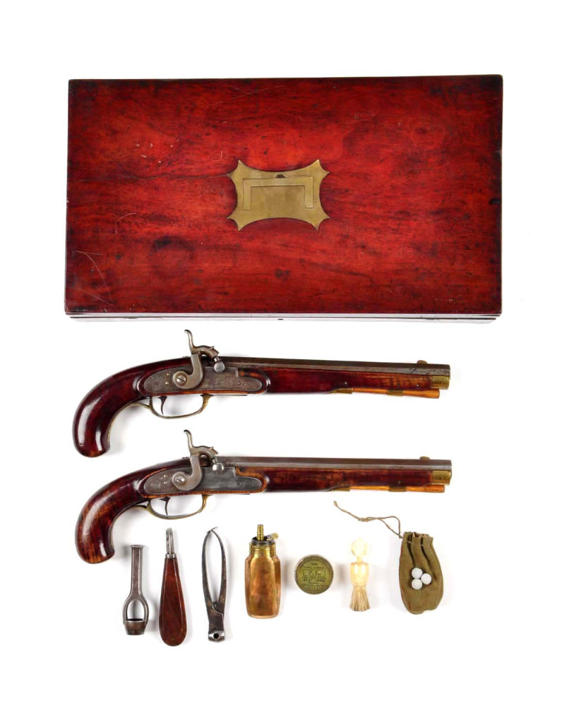 Fine cased set of Sowers (Philadelphia) dueling pistols, circa 1840s/’50s, est. $5,000-$8,000.