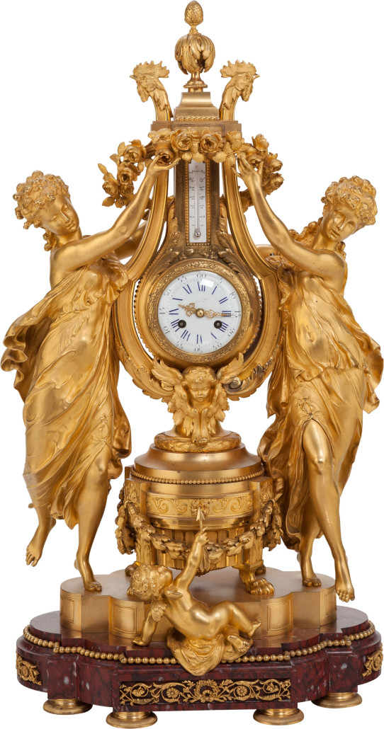 Lemerle Charpentier & Cie French gilt bronze figural mantel clock and thermometer. Price realized: $25,000. Heritage Auctions image