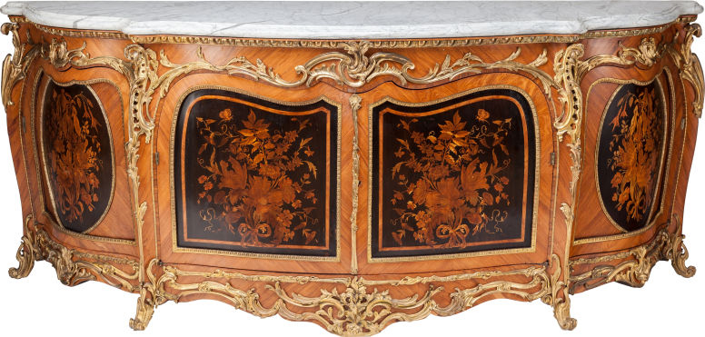 Joseph Cremer Regence-style gilt bronze mounted mahogany credenza with marquetry panels and marble top. Price realized: $23,750. Heritage Auctions image