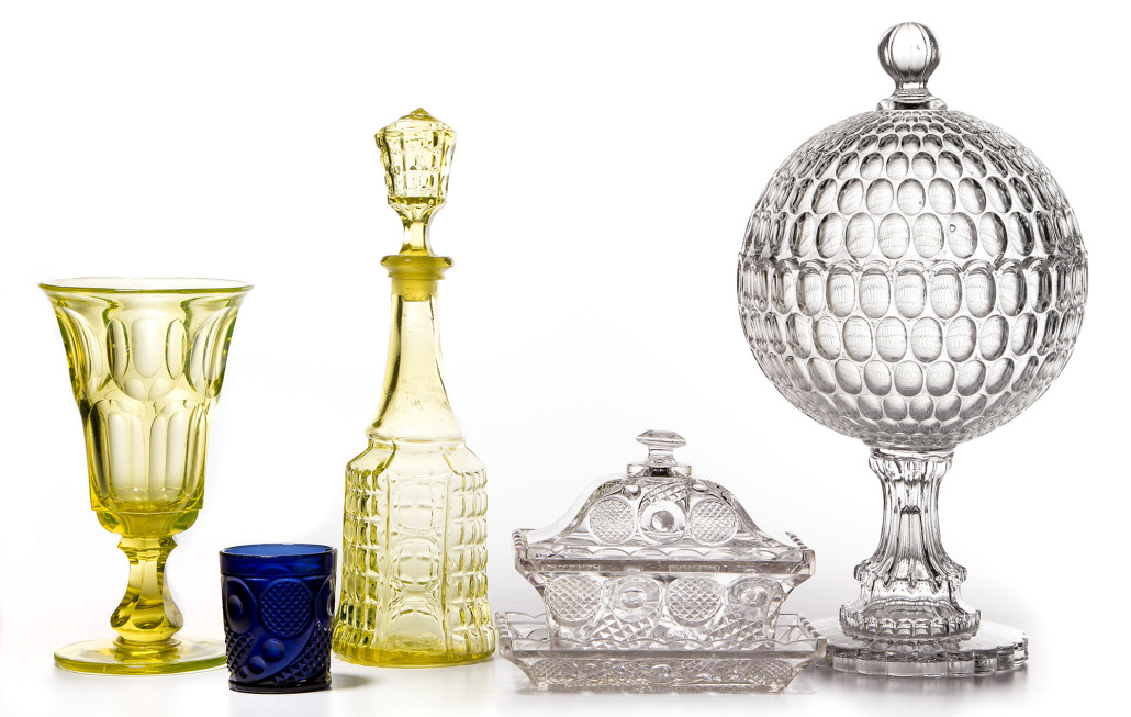 Fine selection of flint Early American Pattern Glass including one of two known complete Horn of Plenty honey caskets with trays, and one of two known cobalt blue Horn of Plenty whiskey tumblers. Jeffrey S. Evans & Associates image