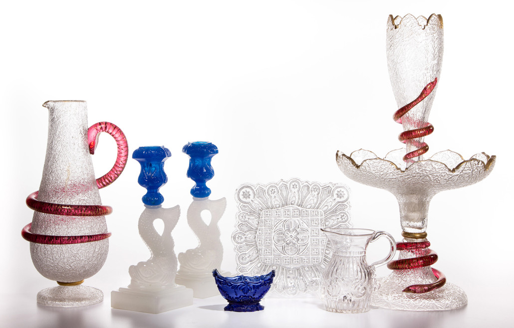 Selection of other early glass including 150-plus pieces of Overshot, colored Sandwich and rare pressed lacy. Jeffrey S. Evans & Associates image