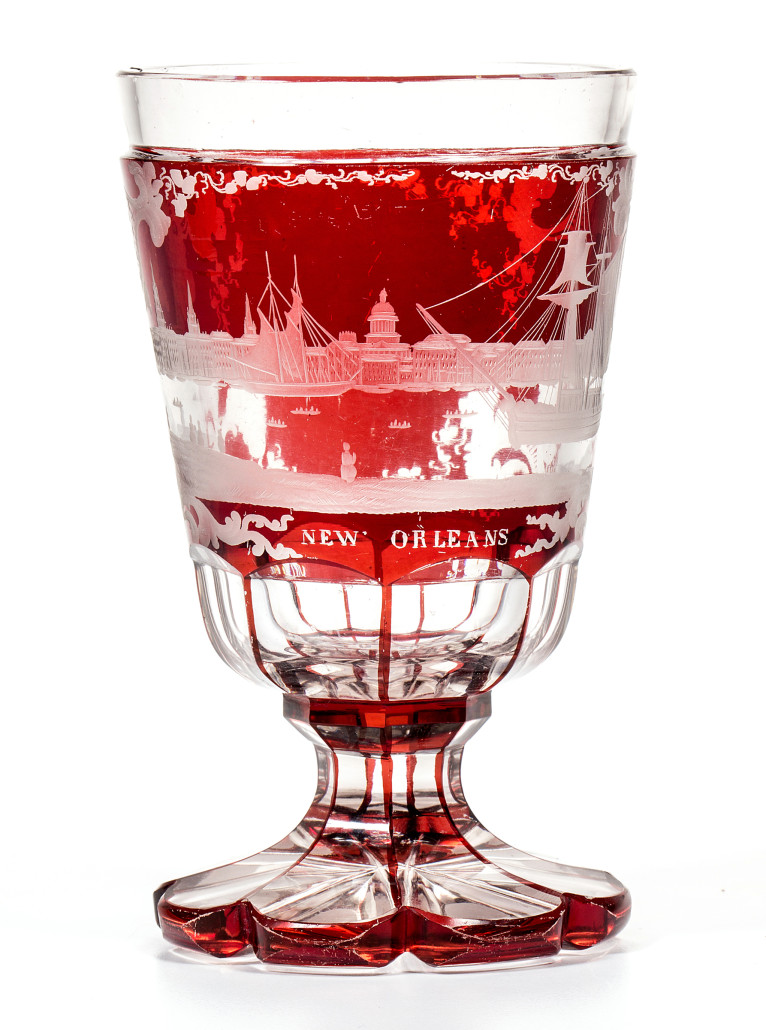 Important Americo-Bohemian engraved ruby-stained footed tumbler with a view of New Orleans. Jeffrey S. Evans & Associates image