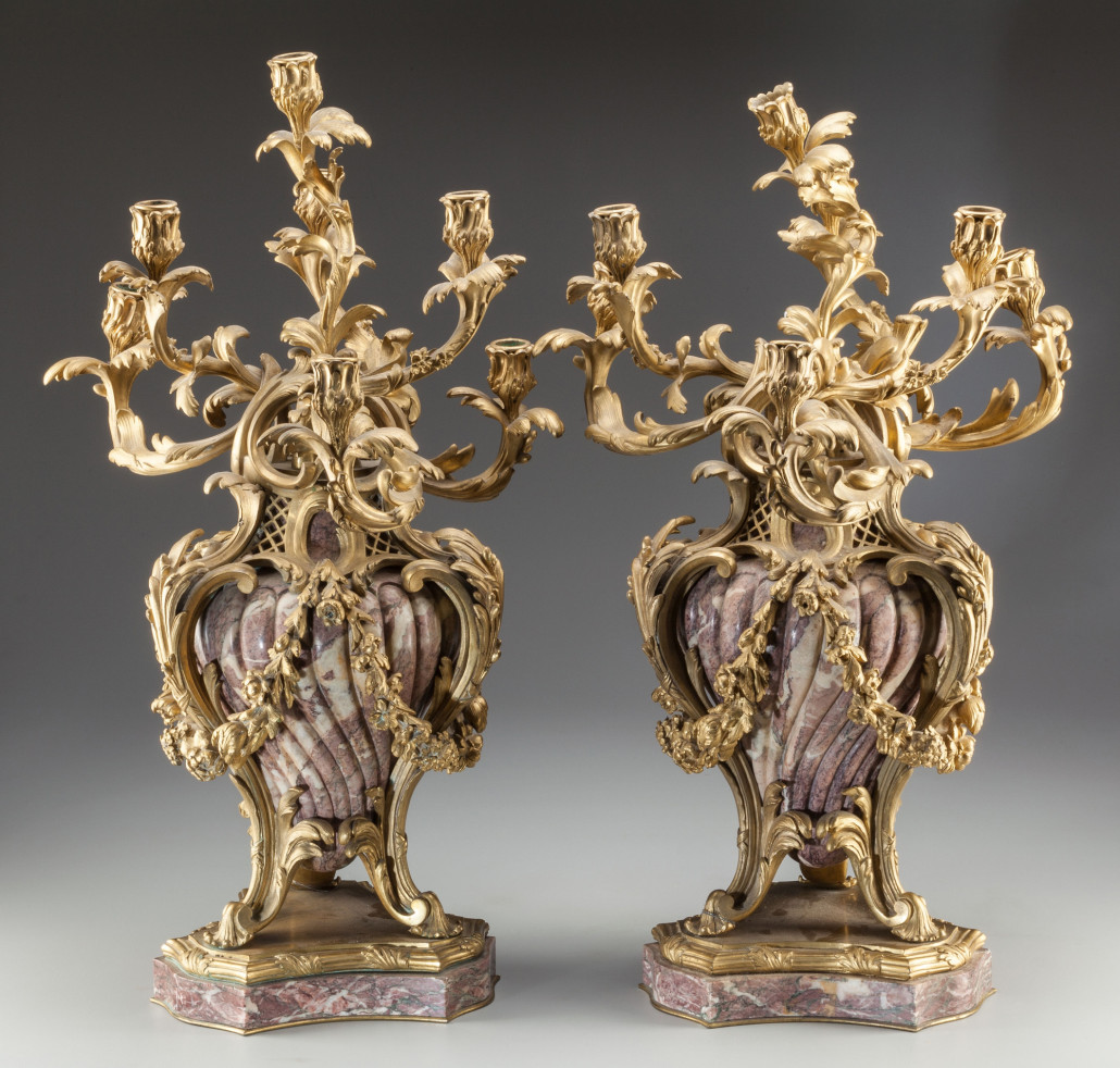 This pair of Napoleon III marble and gilt bronze seven-light candelabra sold for $25,000. Heritage Auctions image