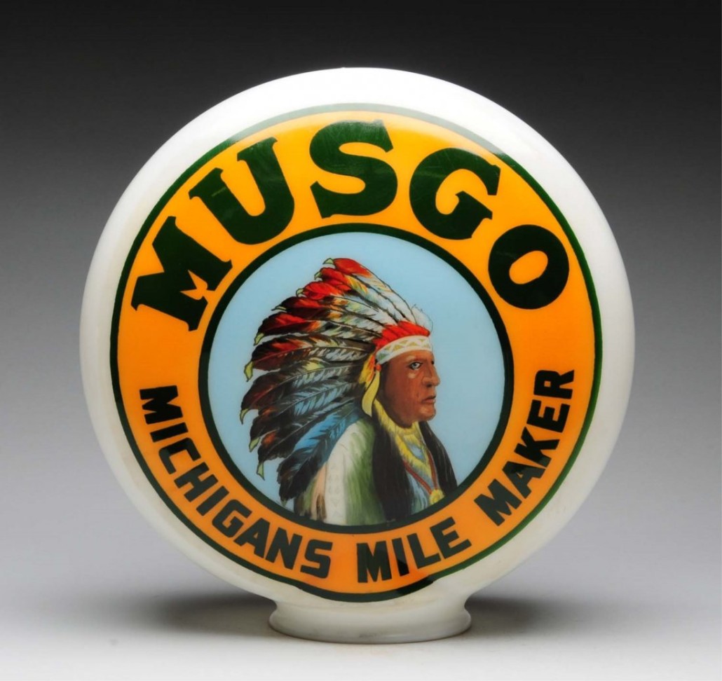 Musgo ‘Michigan’s Mile Marker’ hand-painted gas globe with imagery on both sides, one-piece milk glass construction, est. $15,000-$25,000. Morphy Auctions image