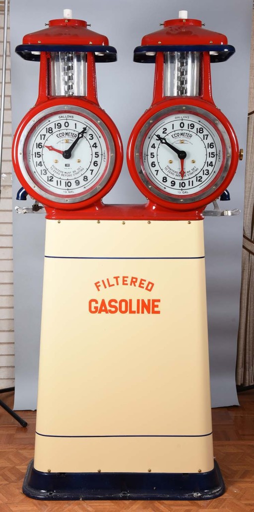 Service Station Equipment Eco-meter double-clockface gas pump, 87in. tall, est. $20,000-$40,000. Morphy Auctions image
