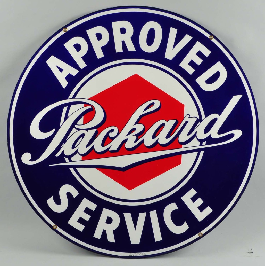 ‘Approved Packard Service’ double-sided porcelain sign, new/old stock, 42in. diameter, est. $5,000-$8,000. Morphy Auctions image