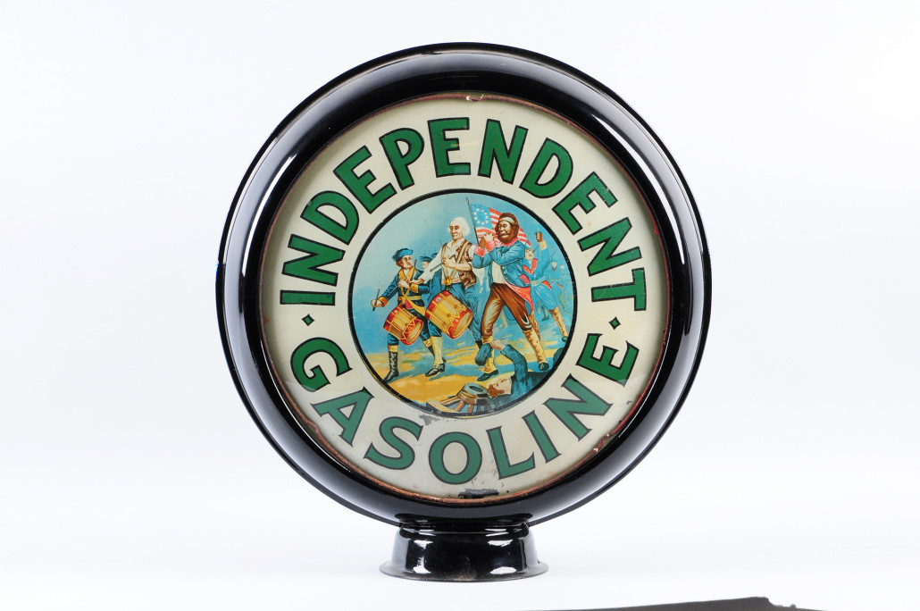 Independent Gasoline gas pump globe with image of Spirit of ’76 on both sides, early example, est. $10,000-$30,000. Morphy Auctions image