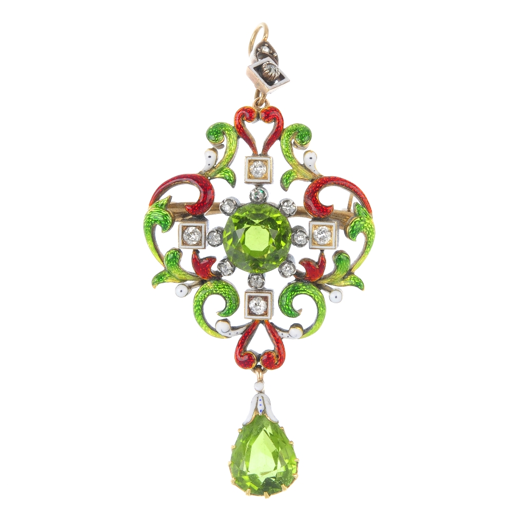 Late 19th-century 15ct gold peridot, diamond and enamel pendant, probably retailed by Streeter. Fellows image