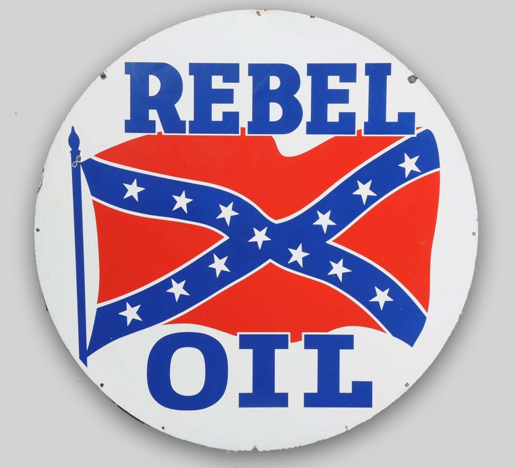 Rebel Oil double-sided porcelain identification sign, 72in. diameter, est. $5,000-$7,000. Morphy Auctions image