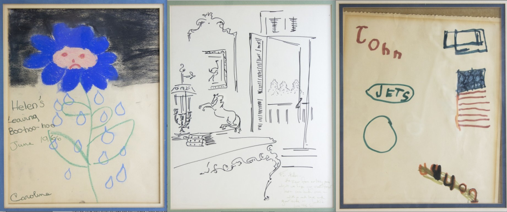 Hand-drawn sketches by (left to right) Caroline Kennedy, Jacqueline Kennedy, John F. Kennedy Jr., 1966, personalized to Jacqueline Kennedy staffer Helen Lempart Westbrook, est. $2,000-$3,500. Waverly image