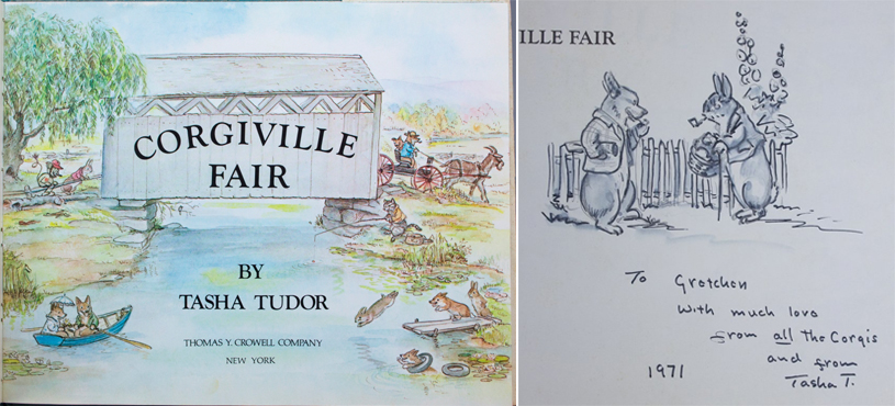 First edition of Tasha Tudor’s 1971 book ‘Corgiville Fair’ containing original pen, graphite and watercolor drawing of corgi and rabbit; inscribed, signed and dated 1971 by Tudor, est. $1,000-$1,500. Waverly image