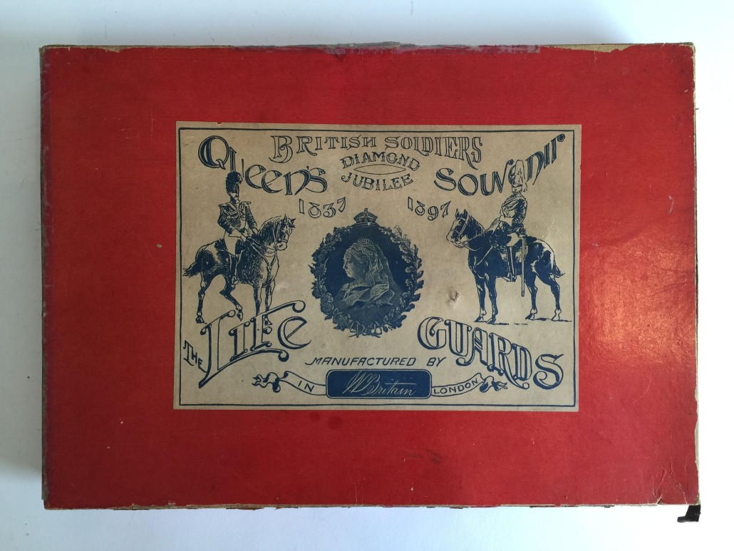 Label from 1897 Queen's Diamond Jubilee box that contains Britains’ Set #72 First Life Guards Past and Present. Set commemorates Queen’s guards of 1837 and 1897. Finest known example of this set. Est. $12,000-$15,000. Old Toy Soldier Auctions image