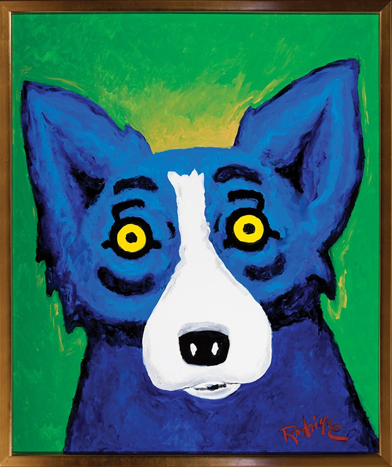 George Rodrigue (1944-2013), ‘Blue Dog Looking for a Home,’ an acrylic on canvas by the beloved Louisiana artist achieved $110,250 against a $50,000-$80,000 estimate. Neal Auction image
