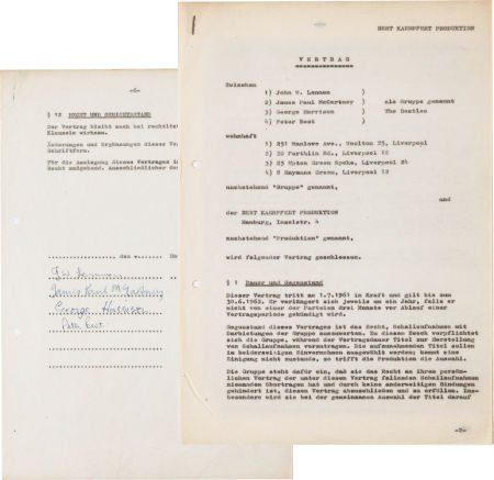 The first recording contract signed by the Beatles, Germany, 1961. Image courtesy of Heritage and LiveAuctioneers