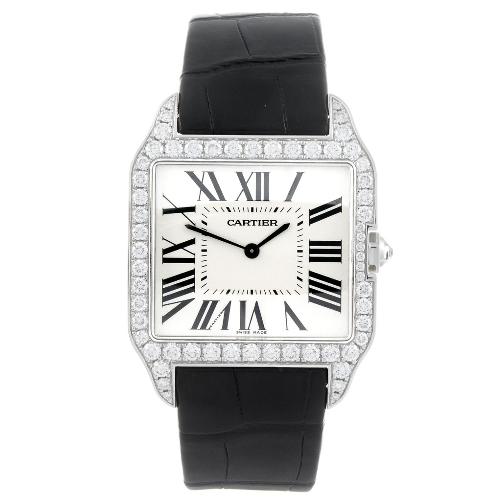Lot 45 – Cartier, an 18K white gold Santos Dumont wristwatch. Estimate: £9,000-£14,000. Fellows image