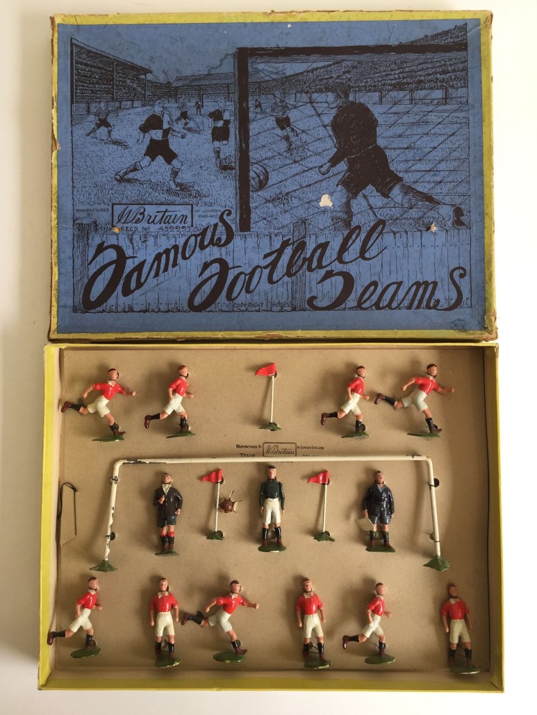 Middlesbrough (England) Football Club set from Britains’ Famous Football Teams series, complete with players, flags, ball and goalposts; est. $3,000-$4,000. Old Toy Soldier Auctions image