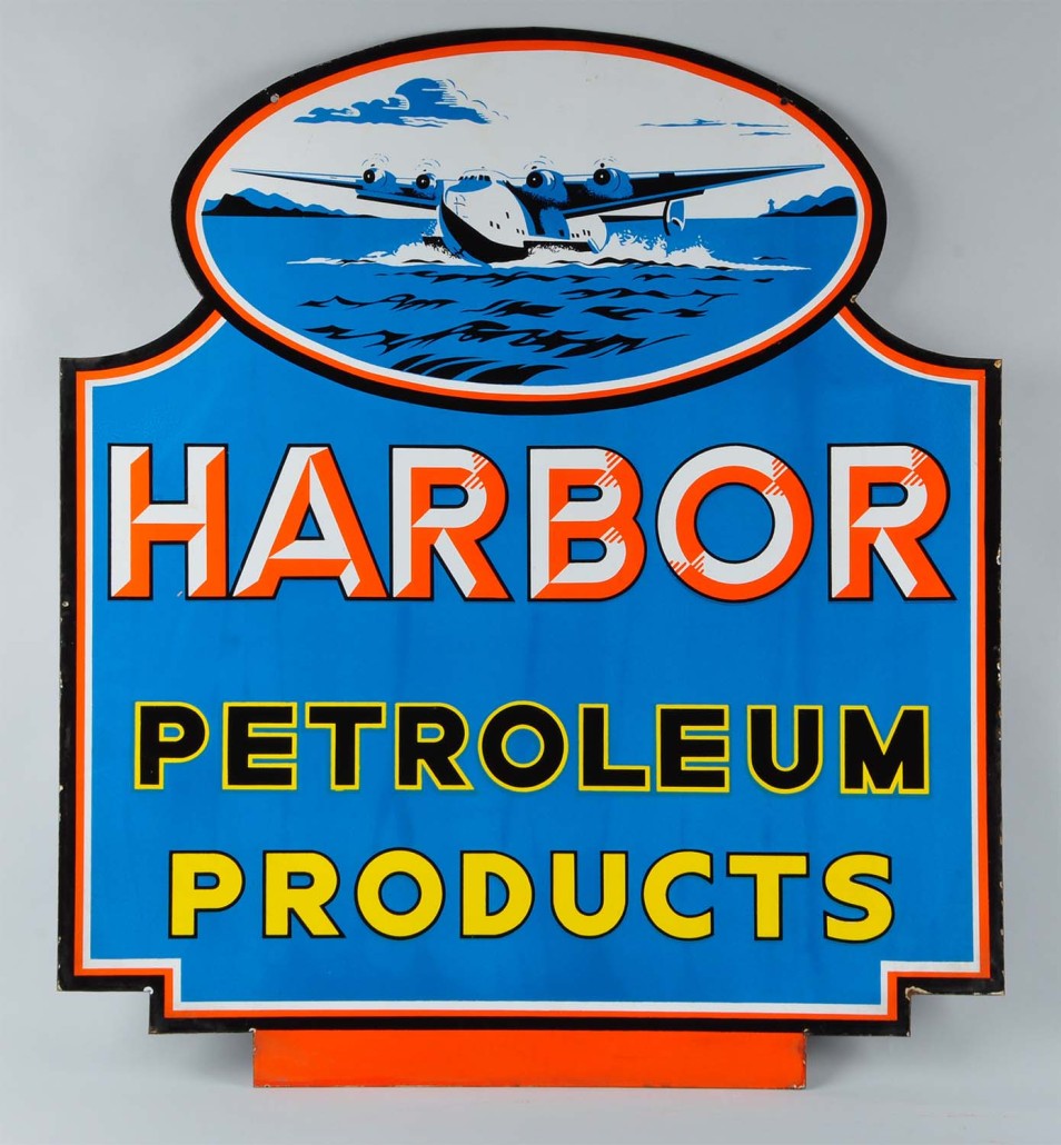 Harbor Petroleum Products double-sided porcelain die-cut sign with seaplane logo, 39 x 35in., est. $35,000-$50,000. Morphy Auctions image
