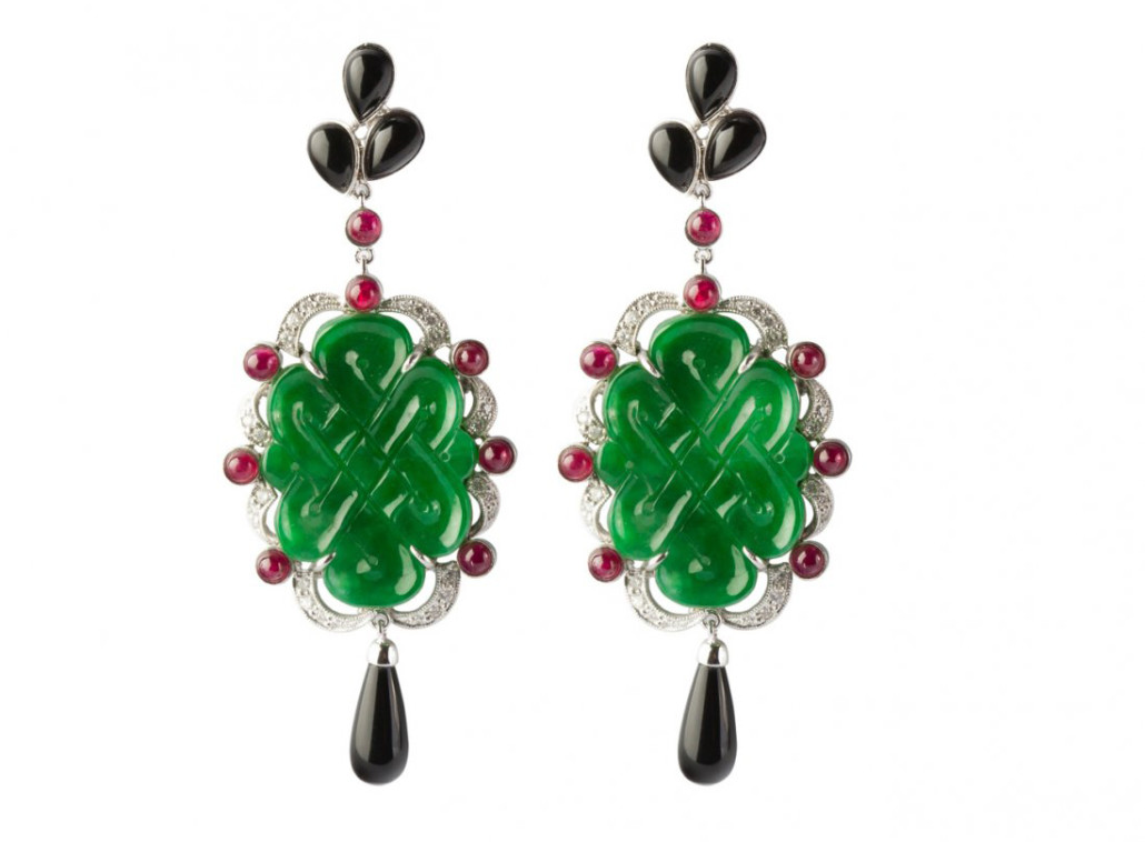 Chinese carved jade earrings with onyx and ruby cabochons