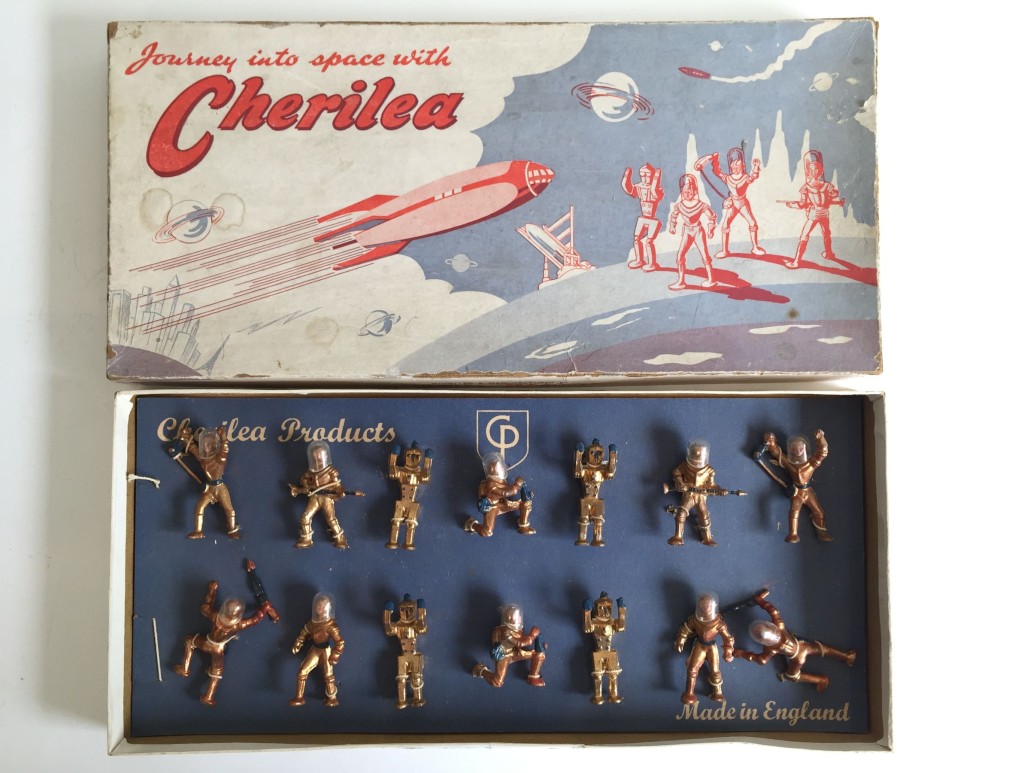 Cherilea Space set including mint figures of robots and spacemen with helmets intact; amusing primitive graphics on box cover, est. $2,500-$3,500. Old Toy Soldier Auctions image