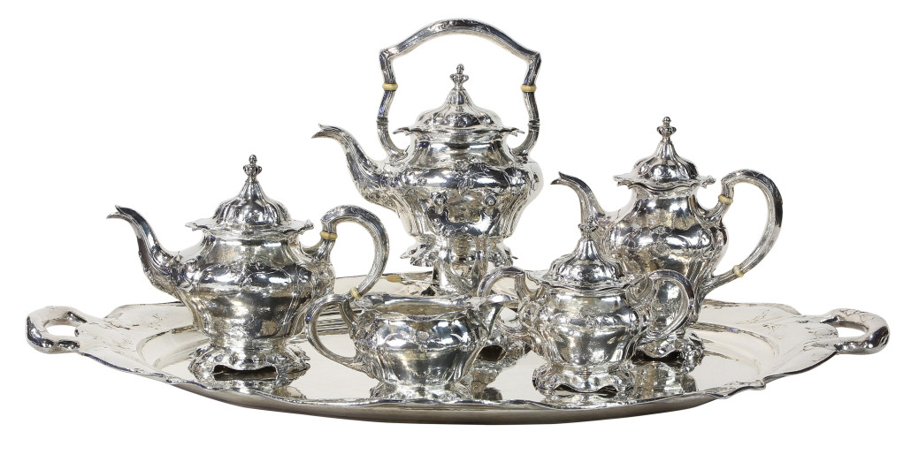 Gorham .9584 silver Martele six piece hot beverage service, 1917, 404.60 ozt, ex collection of Trotter’s Antiques, Pacific Grove, Calif. Estimate: $50,000-$70,000. Image courtesy of Clars