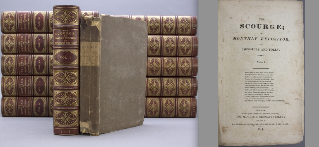 11-volume set in first-edition book form of The Scourge (or Monthly Expositor of Imposture and Folly) containing political cartoons and caricatures dating from 1811-1816, est. $1,000-$1,200. Waverly image