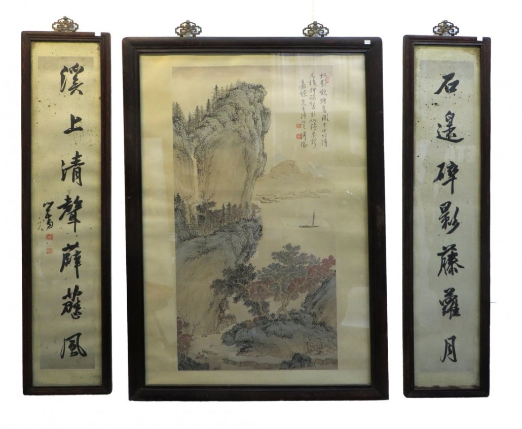 Framed set of three Chinese paintings, all on paper, with a mountain scene flanked by calligraphic banners. Estimate: $2,000-$3,000. Gordon S. Converse & Co. image