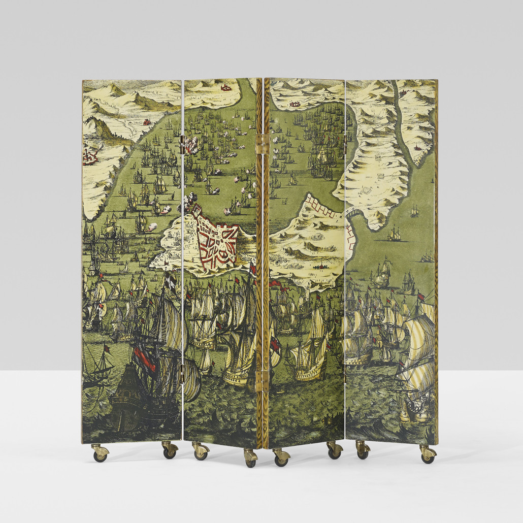  Folding screens presented a perfect surface for Fornasetti’s inspired imagery; patterns range from the historical to the metaphysical. From an edition of 10, this 1954 design depicting ‘Battaglia Navale’ – a naval battle – was sold for $20,000 by Wright in 2014. Courtesy Wright Auctions.