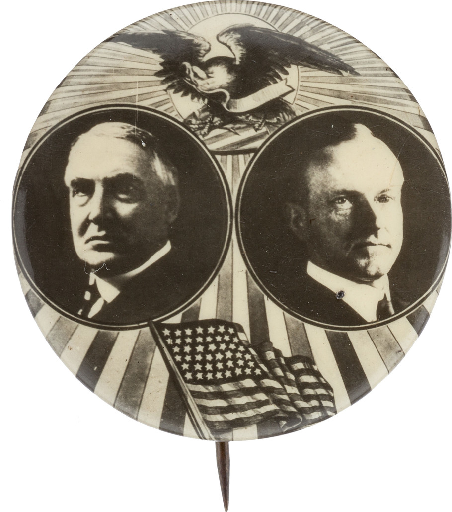 Important 1 1/4-inch jugate from 1920 featuring Presidents Warren G. Harding and Calvin Coolidge. Estimate: $10,000+. Heritage Auctions image