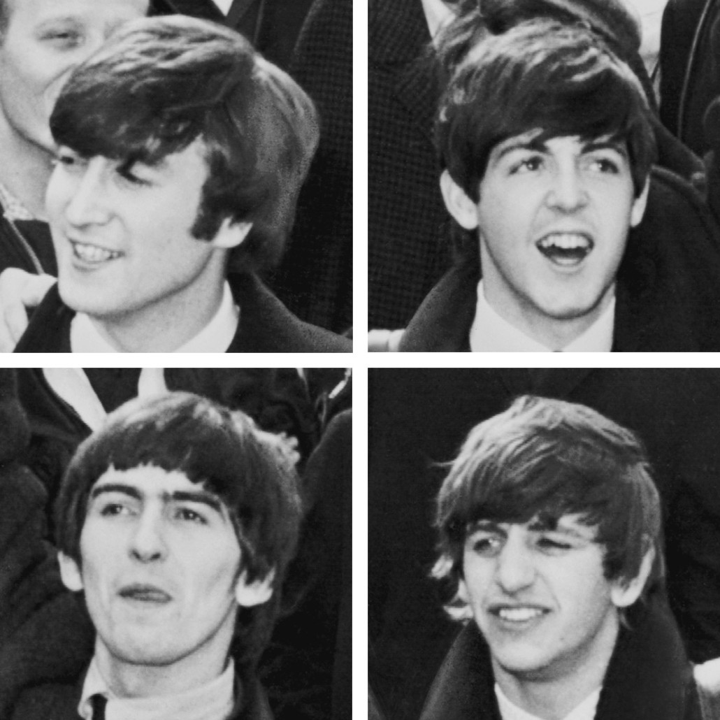 Composite photo of Beatles upon their arrival in New York City, 1964. UPI photo in the public domain, acquired via US Library of Congress Prints and Photographs division