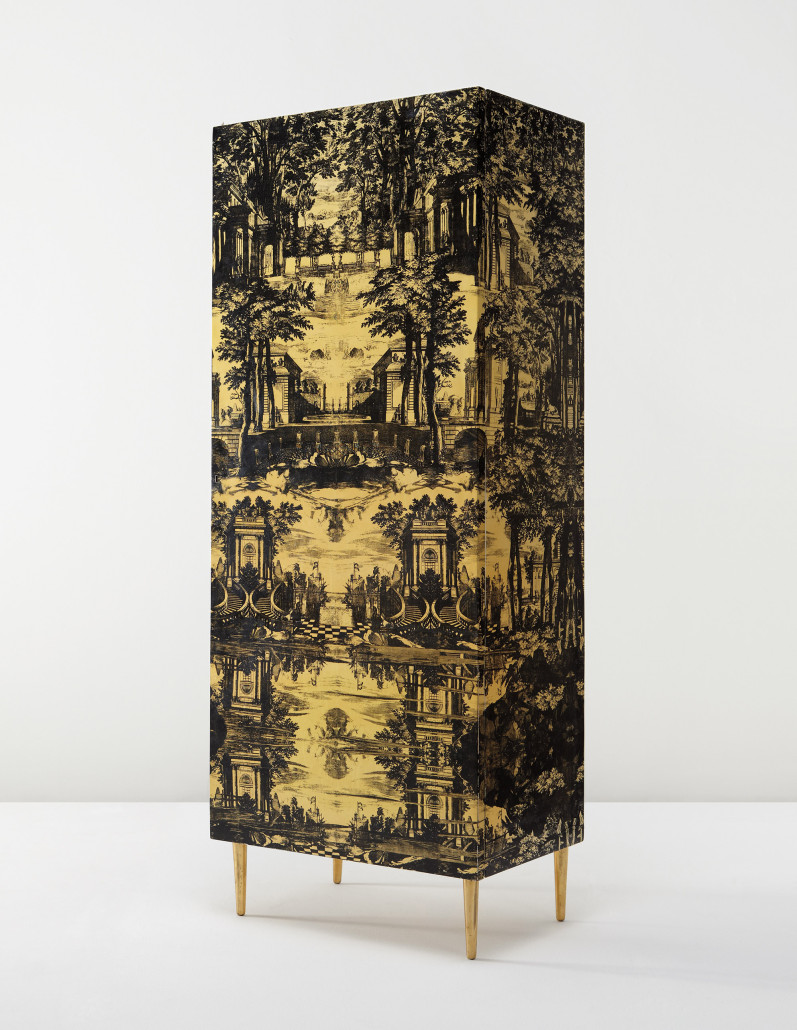 Fornasetti furnished Villa Varenna, his family’s vacation home on Lake Como, with a mixture of antiques and his own fanciful designs. This lithographic transfer-printed wood wardrobe with an 18th century garden pattern overall was a unique creation, made for his personal bedroom circa 1954. It sold at Phillips New York for $179,000 in 2013. Courtesy Phillips.