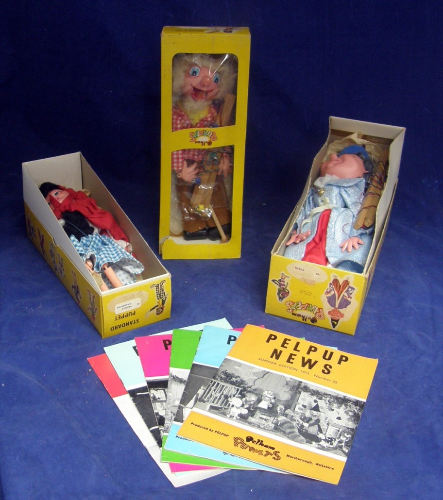 Three Pelham Puppets in their original boxes, sold with six copies of the club newsletter ‘Pelpup News.’ The lot sold for £50. Photo Ewbank’s auctioneers