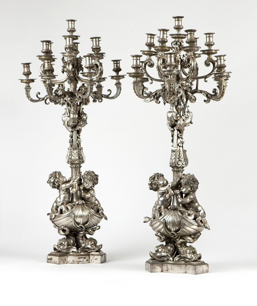 This fanciful pair of 19th century silvered candelabra by French maker Maison Marnyhac is expected to sell for $10,000 to $15,000. Moran’s image