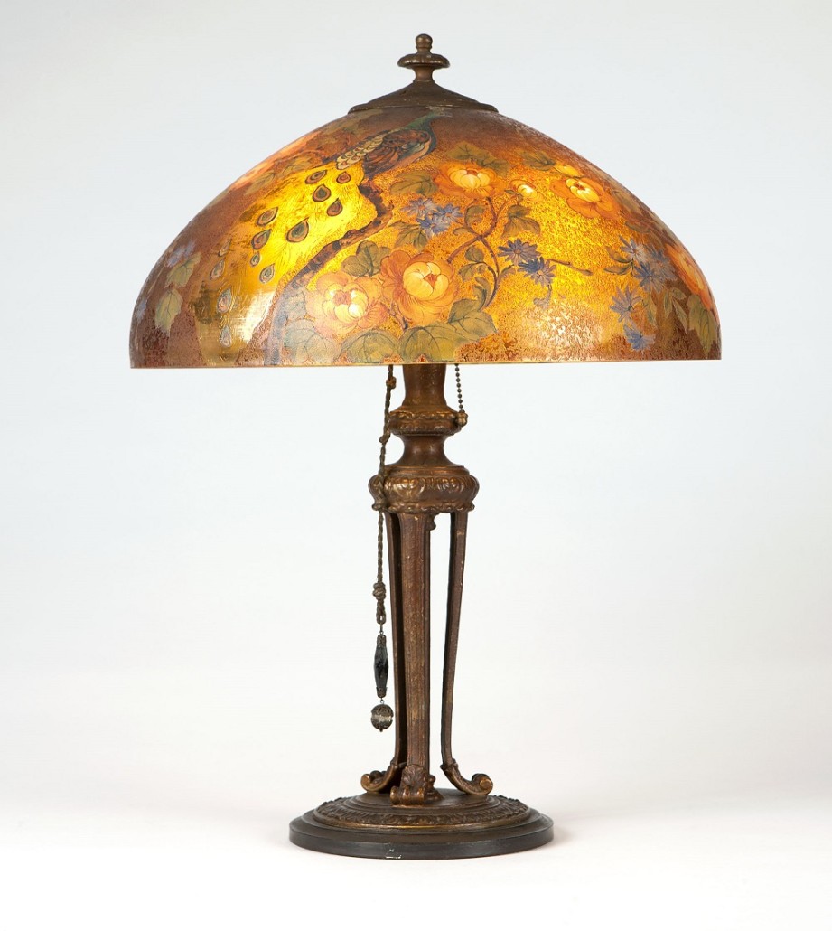 Hand-painted by Handel decorator Peter Broggi, this rare peacock shade, model #7126, and lamp base will go to the block at Moran’s September auction with a $10,000 to $15,000 estimate. Moran’s image
