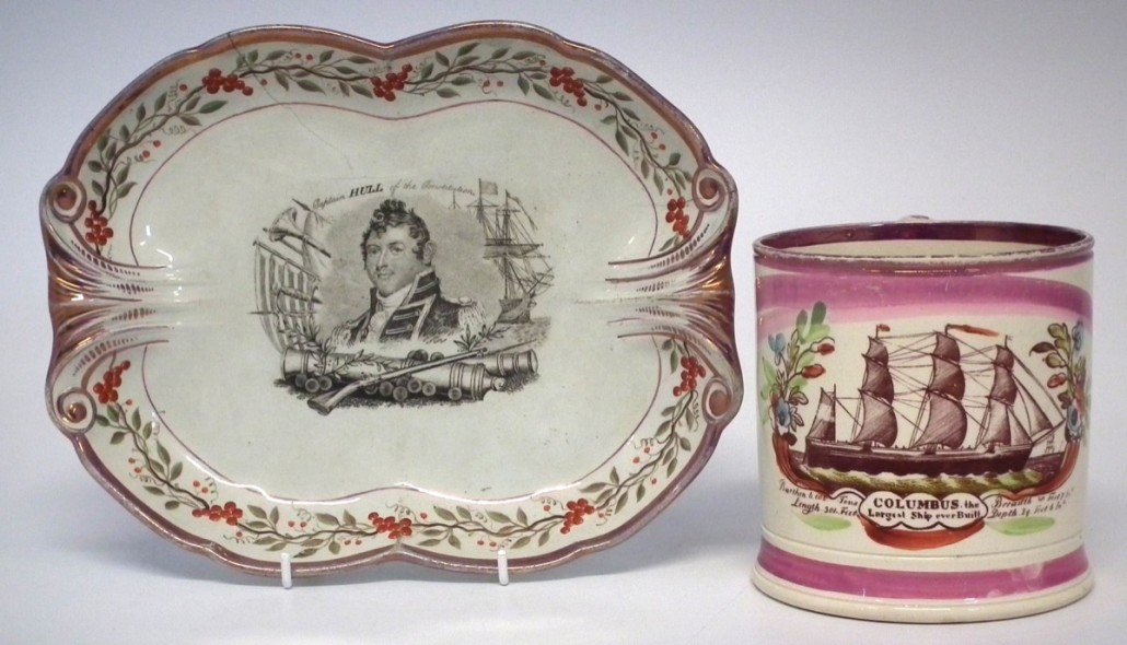 A Sunderland lustre tankard commemorating 'Columbus the Largest ship ever built' together with a Staffordshire lustre dish commemorative of ‘Captain Hull of the Constitution'. Each dates from the early 19th century. They were offered together with a saleroom estimate of £50-£100. Photo Peter Wilson auctioneers