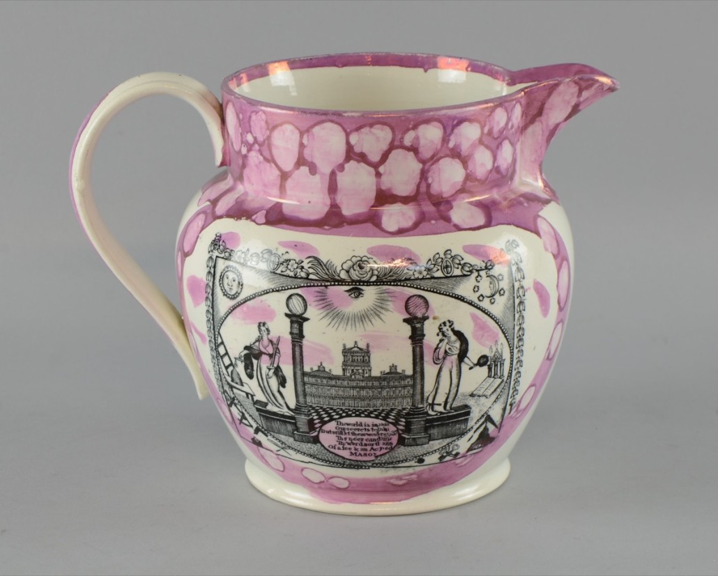 A Sunderland lustre jug, transfer printed with Masonic symbols and pink lustre border. It dates from about 1860 and sold for £130. Photo Ewbank’s auctioneers