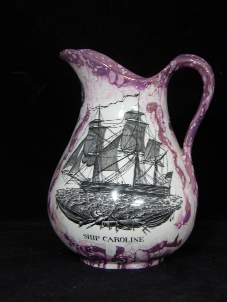 A Sunderland lustre jug decorated with a transfer print of the sailing ship ‘Caroline,’ a memento for captain, crew and their families. It sold for £40. Photo Ewbank’s auctioneers