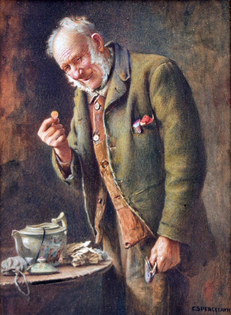 'The Treasured Yellow-Boy,' a watercolor by Charles Spencelayh, estimated at £15,000-£20,000. Photo Peter Wilson auctioneers