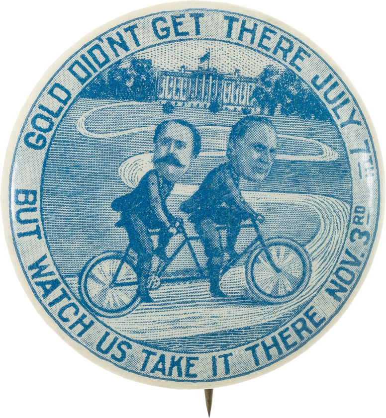 An 1896 jugate button featuring cartoonish depictions of William McKinley and Garret Hobart riding a bicycle. Estimate: $10,000+. Heritage Auctions image