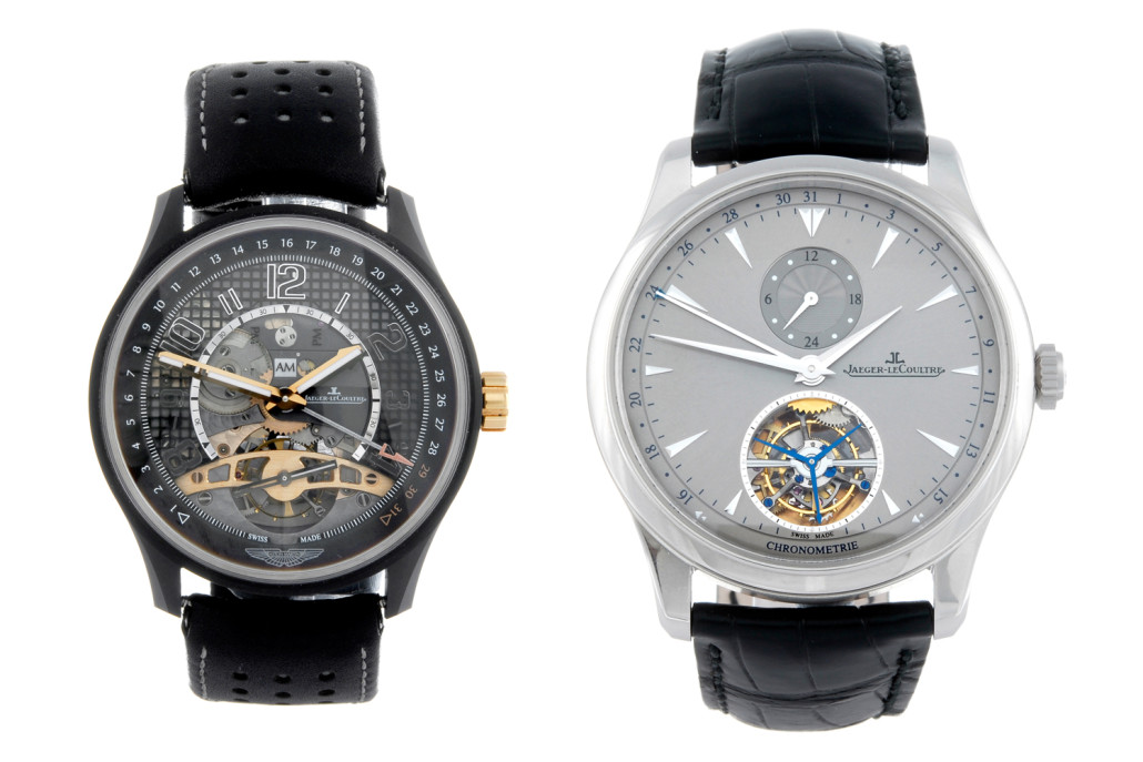 Lot 98 (left) – a Jaeger-Lecoultre, a limited edition man's bi-metal AMVOX3 Tourbillon GMT wristwatch, and Lot 100 (right) – a man's platinum Master Grande Tradition à Tourbillon 43 wristwatch. They are estimated at £18,000-£26,000 each. Fellows image